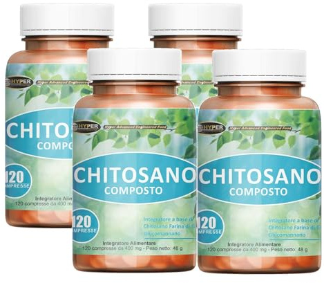 Hyper Chitosano Glucomannano 4x120 Compresse - Dimagrante che Favorisce la Perdita di Peso agendo come Brucia grassi e Riduce la Fame Nervosa riducendo i carboidrati ed i ed i Grassi Assorbiti
