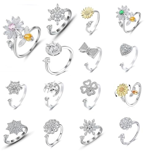 5 st Fidget anti-stress spinner ringar - justerbara öppna ringar, zirkonium blomma snö måne stil ångestlindring roterande ringar