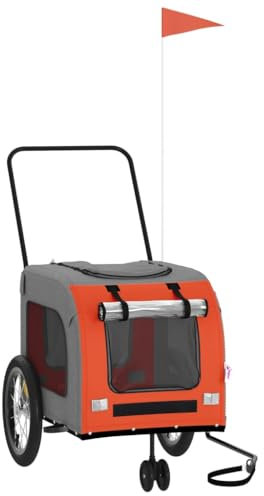 vidaXL Pet Bike Trailer and Dog Carrier in Orange and Grey - Oxford Fabric and Iron Construction with PVC Cover - Zipper Doors and Ventilation Windows