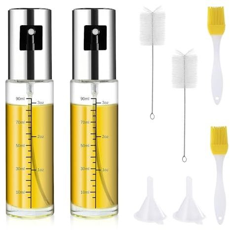 Udbrud 2 Pezzi Spruzzatore Olio, 100ml Nebulizzatore Olio con scala Spray Olio Cucina con spazzole per pulizia spazzola per olio e imbuti Spruzzino Antigoccia per Olio per Barbecue, Cottura, Insalata