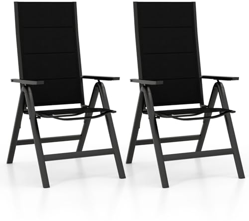 COSTWAY 2er Set Gartenstühle Alu, wetterfeste Klappstühle mit 7-Fach Verstellbarer Rückenlehne, klappbare gepolsterte Balkonstühle, Hochlehner Terrassenstühle für Garten, Terrasse, Balkon, Schwarz