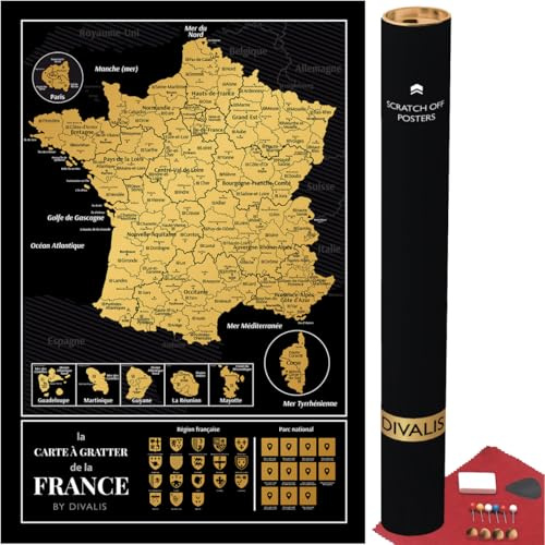 Divalis Carte à Gratter de la France avec Kit d'Accessoires - Poster à Gratter avec Départements - Carte de Voyage de la France - Scratch off Map - Scratchable Poster
