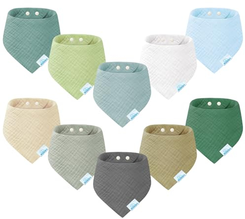 Miyacare 10 Stück Lätzchen Baby Dreieckstuch, Super Saugfähige,100% Baumwoll, Halstuch Baby, mit 4 Verstellbares Druckknopf, für Baby Jungen und Mädchen (Smaragd Blau Grau)