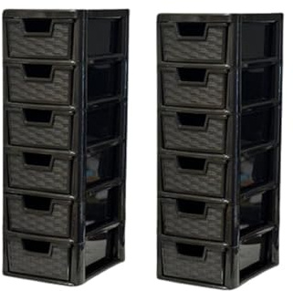 Khanary Storage Drawer Unit 6 Tier-2 Pack | S/Mini Rattan Black Plastic Chest Tower Cabinet Trolley |Tabletop Desktop Organizer Crafts Files Home Kids Bedroom Kitchen Office School | 26Dx19Wx60H cm