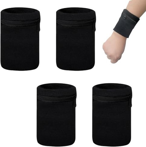 4 Stück Handgelenktasche, Schweißband mit Reißverschluss, Schweißbänder Handgelenk, Handgelenk Tasche, Schweißarmband, Schweisbandset Arm, Schweißband Arm, Wristband für Joggen, Fahrrad, Laufen, Yoga