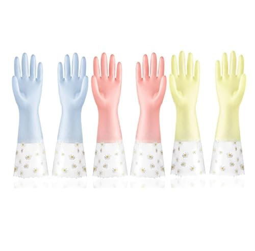 WENYOG Guante de Goma 3 Pares de Guantes de Limpieza for lavavajillas, Guantes de Goma Reutilizables, Antideslizantes, for lavandería, Cocina, jardinería, hogar(Random Color 42cm)