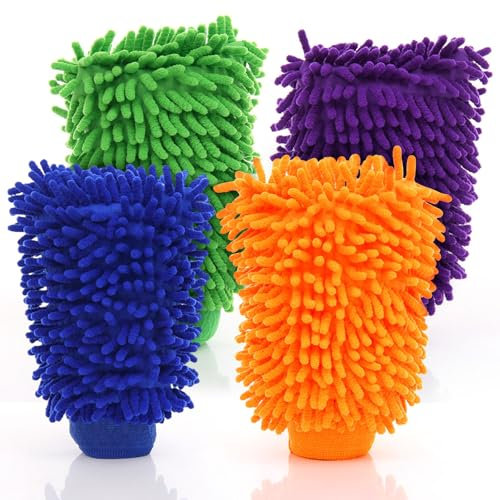 Guanti per lavaggio auto, 14,5 x 23,5 cm, set da 4 pezzi, guanti in microfibra di ciniglia, assorbenti e antigraffio, per la pulizia di auto, finestre