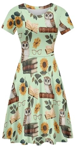 Beauty Collector Owl Book Sunflower Leaves Womens School Midi Dress Crewneck Short Sleeve A-Line Dress