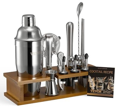 VEVOR Ensemble shaker à cocktail, 18 pcs, accessoire pour barman Martini en acier inox avec support en bambou, cuillère à mélanger, doseur, passoire, bec verseur, pince à glaçons, tire-bouchon, argent