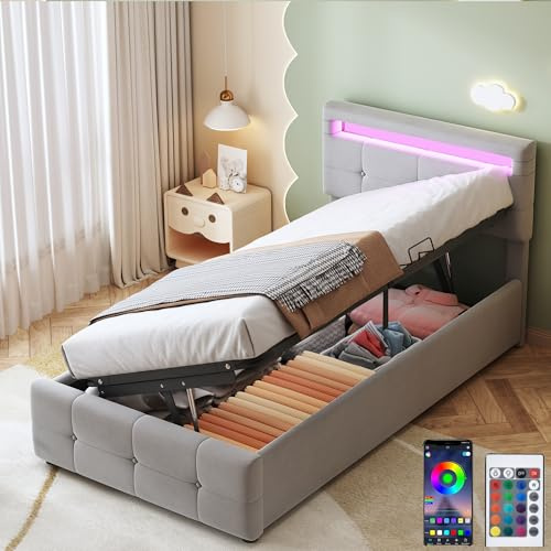 Zepneiy Cama con LED, Cama de 90 x 200 cm, con espacio de almacenamiento y cabecera ajustable, cama de 1 plaza con somier de láminas, cama acolchada, marco de cama gris (sin colchón)