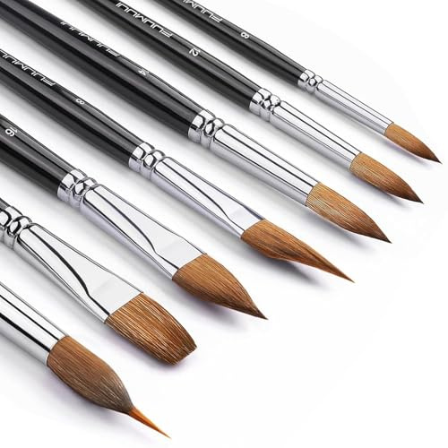 Fuumuui 7PCS Kolinsky Sable Watercolour Brush Set, Professional Artist Paint Brushes with Patented Extended points Design, Round, Flat, Oval, Mop for Fine Detail, Gouache, Ink, Watercolour Painting