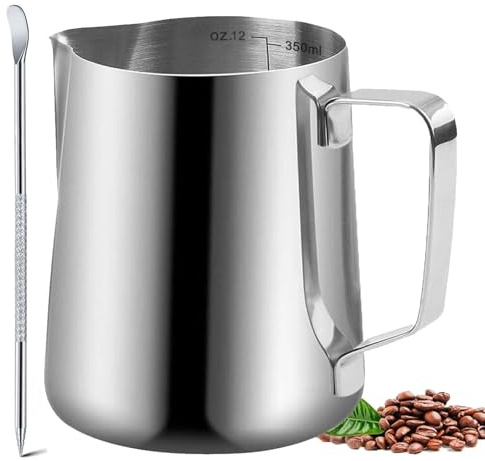 Milk Frother Cup, 12oz (350ml) Milk Frothing Pitcher Metal 304 Stainless Steel Steamer Cup, Coffee Milk Cappuccino Latte Art Barista Steaming Pitcher Espresso Jug with Decorating Pen