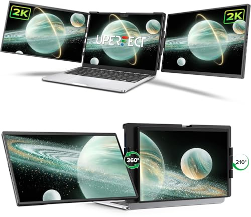 UPERFECT Laptop Screen Extender, 2K 14 360° Patented Unique Swivel Hinge Triple Monitor, 2240x1400 QHD IPS Portable Dual Monitor for 13.3-17.3'' Laptops, Plug & Play