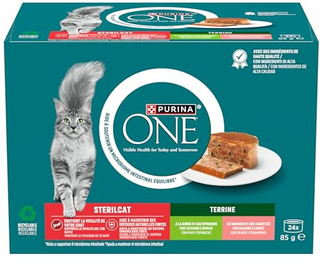 Purina One Sterilcat Cibo Umido per Gatti Adulti con Tacchino e Spinaci e Salmone e carote, 24 lattine da 85g