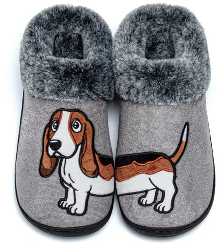 GURGER Zapatillas de Estar por Casa Hombre Mujer Invierno con Forro de Peluche Diseño Bordado de Perro Animales Pantuflas Antideslizantes Cómodas, Gris 36 37