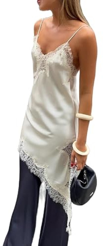 FeMereina Blusa asimétrica de satén con ribete de encaje para mujer, tirantes delgados, abertura lateral, asimétrica, holgada, sedosa