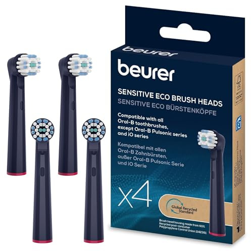 Beurer TB Sensitive Eco Testine per spazzolino elettrico, 4 testine compatibili con Oral-B, setole realizzate al 100% con materie prime rinnovabili, cura delicata dei denti, grado di durezza morbido