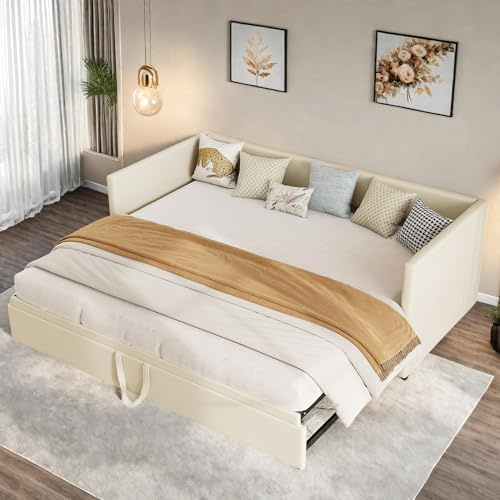 NSXSBUZ Bäddsoffa, 90/180 x 200 cm, utdragbar dagsäng, utdragbar bäddsoffa med ribbotten, bäddsoffa 200 cm bred, sammet, utan madrass (beige, 90/180 x 200 cm)