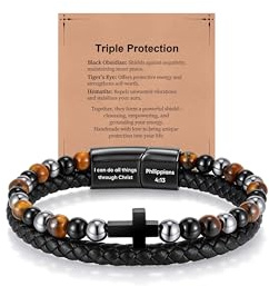 Mens Cross Christian Religious Bracelet - Bracelet Philippians 4:13 Triple Protection Hematite Tiger Eye Bead Leather Stainless Steel Jewellery Gift Men Son Dad Bracelet Easter Catholic God Jesus