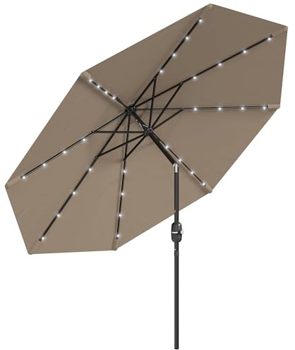 Outsunny Sombrilla Terraza Exterior, Ø265 cm, Sombrilla de Jardín con 32 Luces LED Solares, Poste de Acero y Manivela de Parasol Inclinable, para Patio, Terraza, Caqui