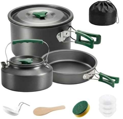 Outsunny Kit de Casseroles Camping 11 Pcs Cuisine de Camping Compact Gris | Aluminium, Poignées Anti-Brûlures, Batterie de Cuisine Extérieure, Sac de Rangement, pour Randonnée