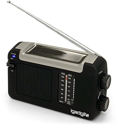 iGadgitz Xtra U4457 Wind Up, Solar & USB Rechargeable Portable AM/FM Radio - Black