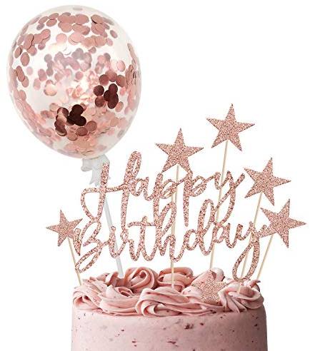 iZoeL Rose Gold Cake Decoration Confetti Balloon Cake Topper 5inch for Women Girls Rose Gold Happy Birthday Banner Stars Heart Cupcake Topper (rose gold)