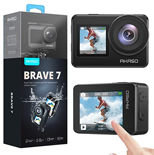 AKASO Brave 7 4K30FPS 20MP WiFi Action Camera with Touch Screen IPX8 33FT Waterproof Camera EIS 2.0 Zoom Support External Mic Voice Control with 2X 1350mAh Batteries Vlog Camera