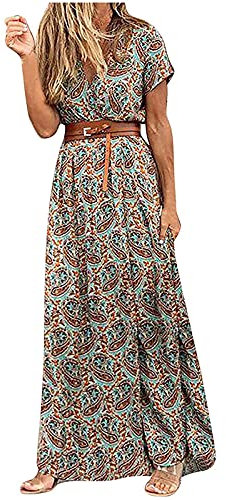 AMhomely Women's Summer Boho Maxi Dress - V-Neck, Short Sleeves, Beach & Cocktail Dresses -