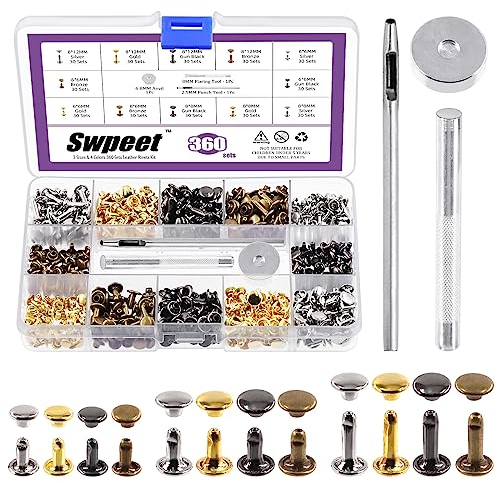 Swpeet 360 Sets 4 Farben 6mm 8mm 12mm Ledernieten Doppelkappennieten mit 3Pcs Befestigungswerkzeug Sortiment Kit, Ledernieten Doppelkappennieten Tubular für DIY Leder Handwerk Kleidung Schuhe