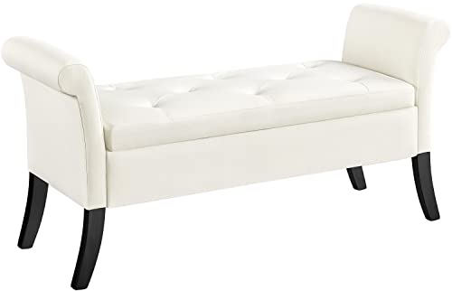 Yaheetech sittbänk med förvaringsutrymme, förvaringslåda, sittpall vikbar, sittkista med armstöd, max. Lastkapacitet 300 kg, tygskydd, sitthöjd 46 cm, ren vit