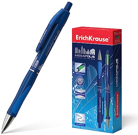 ErichKrause kulspetspenna MEGAPOLIS motiv infällbart 0,7 gummi Grip bläck blå 12-pack – kulspetspenna fint streck – Ultra Glide fjäder Kuli – kontorsmaterial skrivpenna skrivbordstillbehör