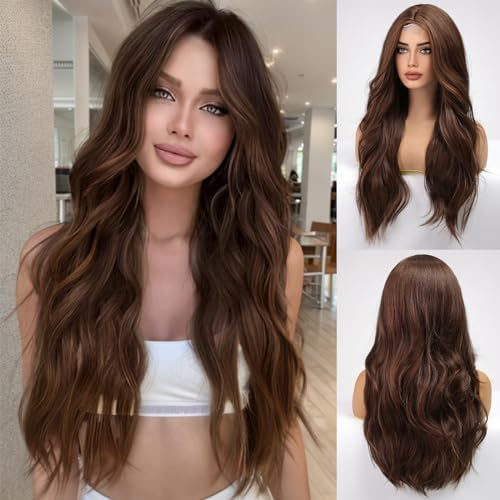 EMMOR lange gemischtbraune wellige Perücke für Frauen, Lace-Front-Perücken mit natürlichem Aussehen, 26 Zoll Mittelscheitel lockige Perücke.