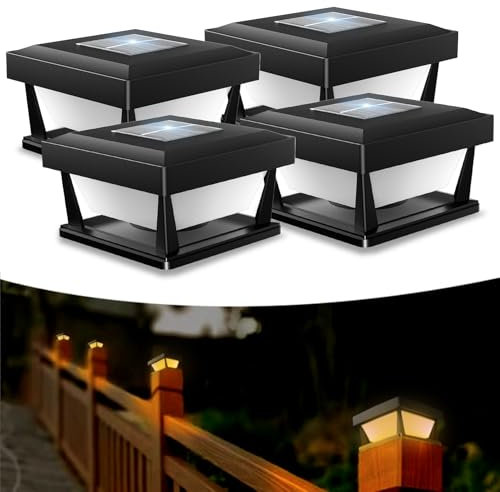 CREATESTAR Lámpara Solar de Poste para Valla, Lámpara Solar de Pilar IP65 Impermeable Farolas Exterior Jardin, Luz Solar Exterior para Jardín Terraza Postes de Madera (4 Piezas)
