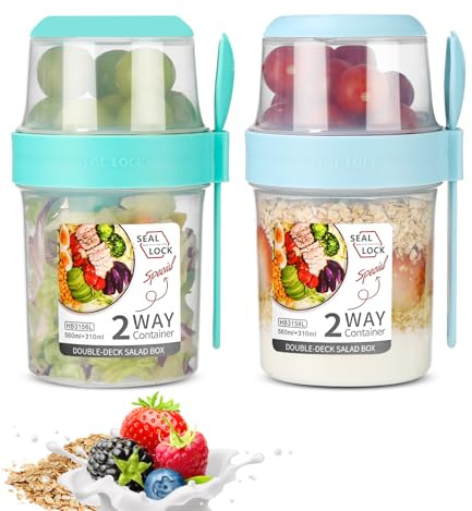 SinLaw 2 stycken müSlimugg to go, yoghurtkopp för resor med sked, yoghurt att gå kopp, dubbla lager läckagesäker yoghurtkopp, salladsmugg (grön + blå (310 ml + 560 ml)