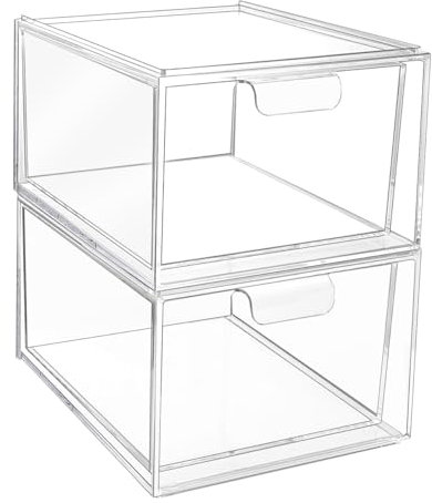 2 Cassetti trasparenti impilabili - Contenitori per cassetti - Contenitori in plastica per vanità - 16 tappetini antiscivolo - ideale per bagno, camera da letto, scrivania e altri scenari