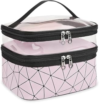 Double Layer Makeup Bag, Travel Cosmetic Bag 23 x 17 x 16 cm Pink | Large Capacity, Waterproof, Double Layer, Makeup Bags, Portable Toiletry, with Compartment, for Travel