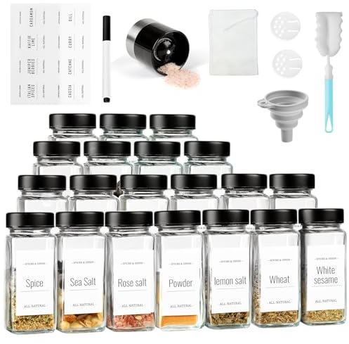 SXTIHD Tarros de especias de cristal, juego de recipientes para especias con tapa de acero inoxidable, etiqueta (cuadrados*20 y molinillo*2)