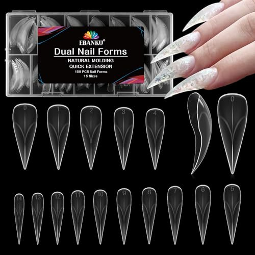 EBANKU 150 PCS Unghie Finte Nail System Dual Nail Form, Riutilizzabili Nail Dual Form Kit Nail Form Eagle Claw Acrilico Tips Unghie con Scala Graduata per Unghie Strumenti, 15 Misure