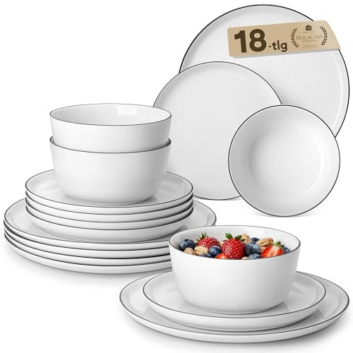 MALACASA Assiettes Service de table 6 Personnes, Set de 18 Pièces Vaisselle et Plats de Service en Porcelaine Blanche avec Bord Noir - Série LEXI