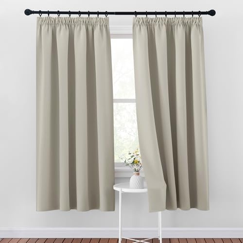 PONY DANCE Blackout Pencil Pleat Curtains, Natural, W46 x L63, 2 Panels | Thermal Insulated Curtains with Noise Reducing & Privacy, Luxury Soft Window Treatment for Bedroom & Living Room