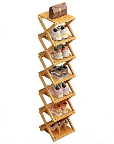 Étagère à Chaussures en Bambou - Aucun Assemblage Requis, Étagère à Chaussures Pliable Haute et Étroite Pour Gagner de la Place Dans Les Éntrées, Coins, Chambres, 7 Niveaux (Renforcée et Épaissie)