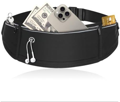 AHRLIC Multifunctional Running Belt Waist Pack: Jogging Marathon Fitness Phone Holder Bag for Men Women - Slim Black Waistband for Sport Exercise