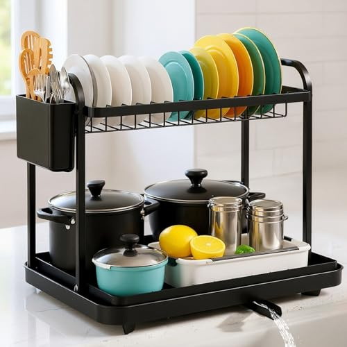 Focenat Scolapiatti da Appoggio, Scolapiatti da Lavello 2 Livelli, Scolapiatti Acciaio Inox, Scola Piatti Lavandino, Scolapiatti Multifunzionale, Scolapiatti per Piatti Grandi, Nero