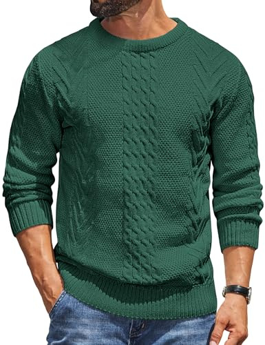 COOFANDY Jersey Hombre con Cuello Redondo de Punto Cable Verde Oscuro L