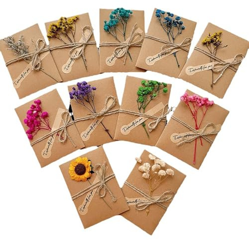 Shirene Biglietti D'Auguri,10 PCS Biglietto D'Auguris Con Decorazione Floreale,Biglietti D'auguri Vuoti in Carta Kraft Retrò per Compleanno,Matrimonio,Inviti di Natale e Auguri di Festival (10x7 cm)