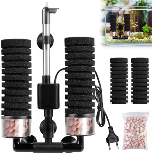 Porfoyo Akvarium svampfilter med 2 reservkuddar, tyst skumfilter, akvariefilter med filterboll, elektriskt akvariefilter, tyst dykskum, dubbelsvampfilter för akvarier över 60 cm