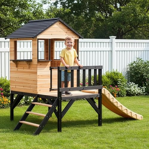 Abracadaprout Cabane Perchée Enfant en Bois FSC avec Toboggan Blanc | Maisonnette sur Pilotis Écologique pour Jardin | Toit Noir, Fenêtres, Escalier Sécurisé - Couleur Naturelle et Noir