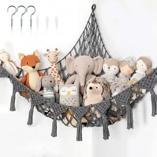 PUYUKO Toy Storage Net, Teddy Hammock for Bedroom & Nursery Decor, Kids Soft Toys Organizer for Cuddly Toy & Stuffed Animals, Cute Boho Nursery Accessories for Baby, Toddler, Teen & Girls (Gray)