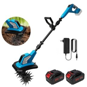 Motoazada Electrica 600W,21V Motoazada Bateria,24 cm de Ancho y 17 cm De Profundidad,Barra Regulable Desmontable,Rodillo Doble 4 Cuchillas,Velocidad de 360 RPM,para Huertos y Patios (2 Batería)